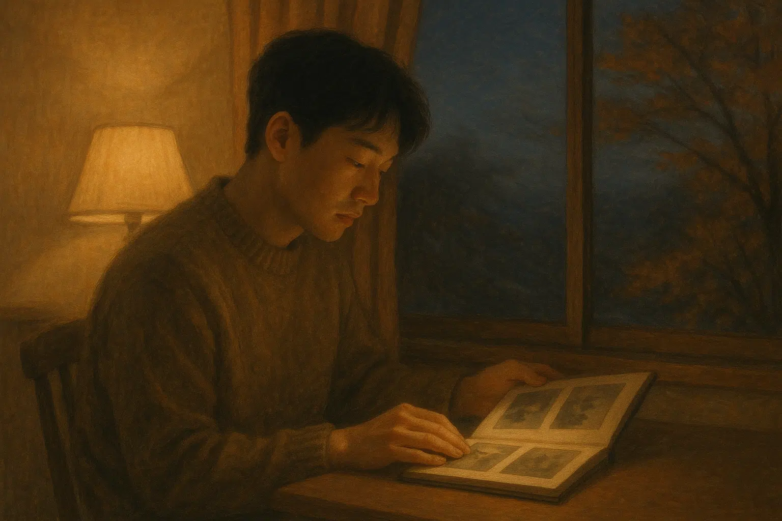 가을밤, 따뜻한 조명 아래 사진첩을 바라보는 사람