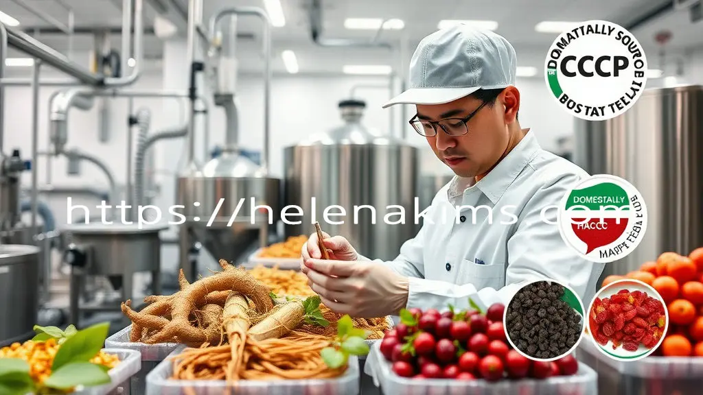 밝고 청결한 제조 시설. 숙련된 남성이 신선한 엄선된 약재 (인삼, 대추) 등을 꼼꼼히 확인하는 모습.