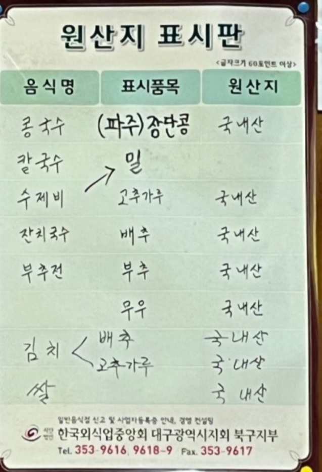 원산지표시판-옥순손칼국수