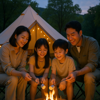 캠핑장에서 불에 마시멜로 구워먹으며 즐거워 하고 있는 모습