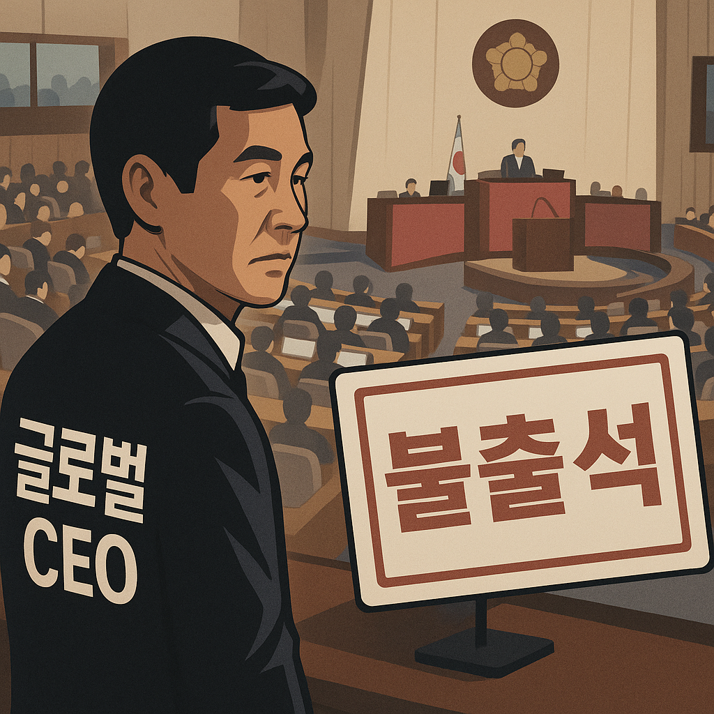 국회 청문회장을 배경으로 ‘불출석’ 표지 앞에 선 글로벌 CEO 상징 일러스트