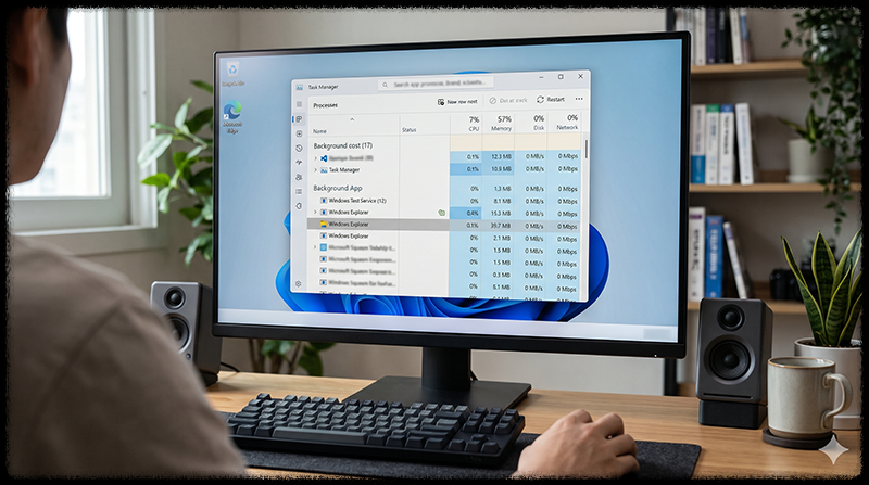작업 관리자에서 Windows 탐색기를 다시 시작해 작업 표시줄 오류를 해결하는 모습
