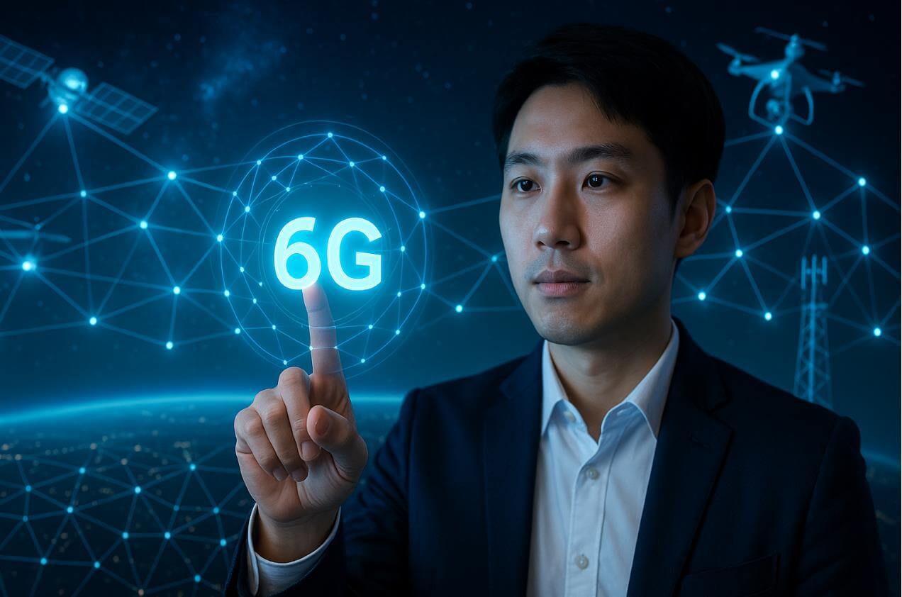 6G 네트워크의 글로벌 초연결 구조를 시각화한 장면
