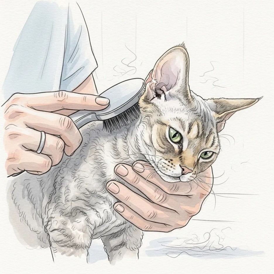 부드러운 브러시로 관리받는 데본렉스 고양이