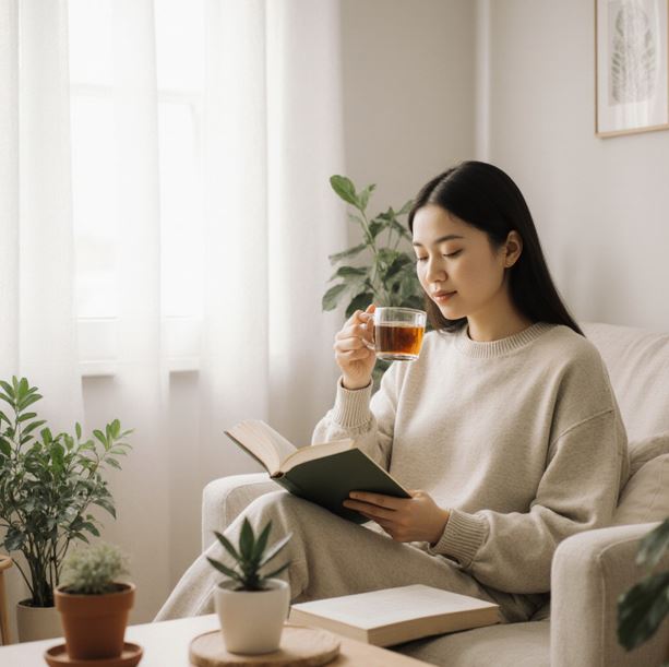 깔끔하게 정리된 현대적인 생활공간에서 평온한 표정으로 한 여성이 앉아서 차를 마시고 있다.