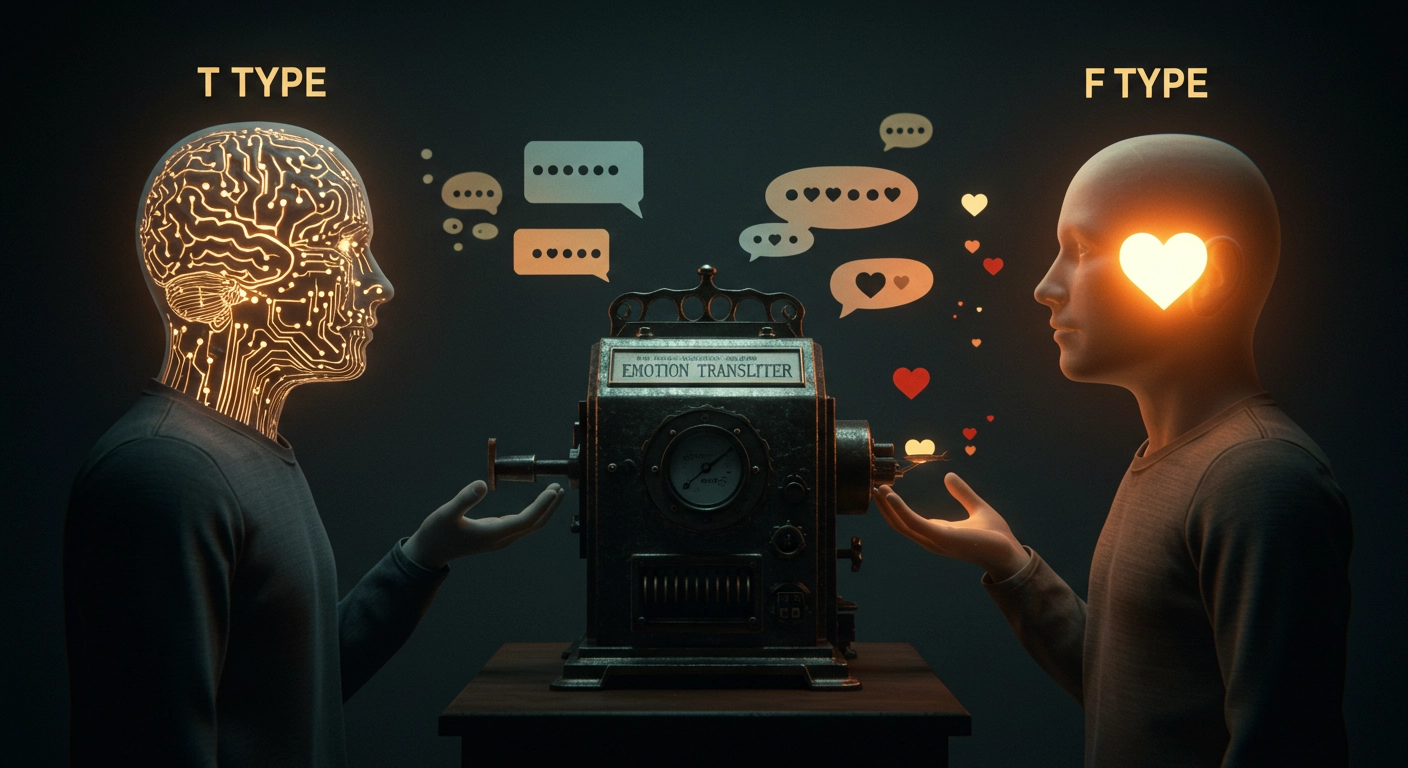 T유형과 F유형이 '감정 번역기'라는 소통법을 통해 대화하는 모습. 논리적인 T유형의 날카로운 말이 감정적인 F유형에게 상처 대신 따뜻한 의도로 전달되어, MBTI 성격 차이로 인한 오해와 갈등을 해결하고 관계를 개선하는 과정을 상징적으로 보여준다.