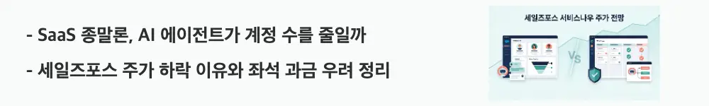 세일즈포스 주가 전망: 'SaaS 종말론, AI 에이전트가 계정 수를 줄일까 / 세일즈포스 주가 하락 이유와 좌석 과금 우려 정리'라는 문구가 포함된 웹배너 이미지. 이 이미지는 세일즈포스 주가 하락 이유와 SaaS 종말론을 시각적으로 전달하며, 블로그의 좌석 기반 과금 설명과 관련된 내용을 설명함