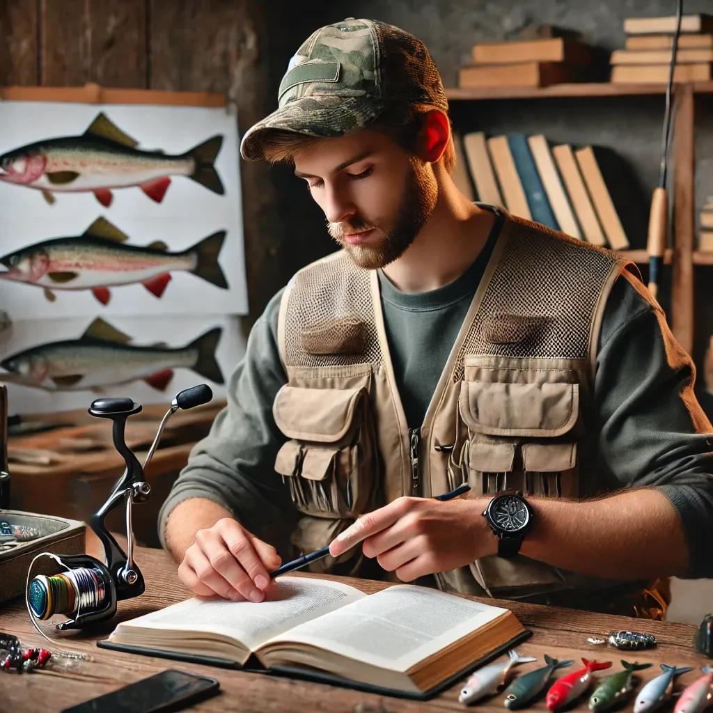 낚시꾼이 책을 보며 낚시 기술을 공부하는 모습