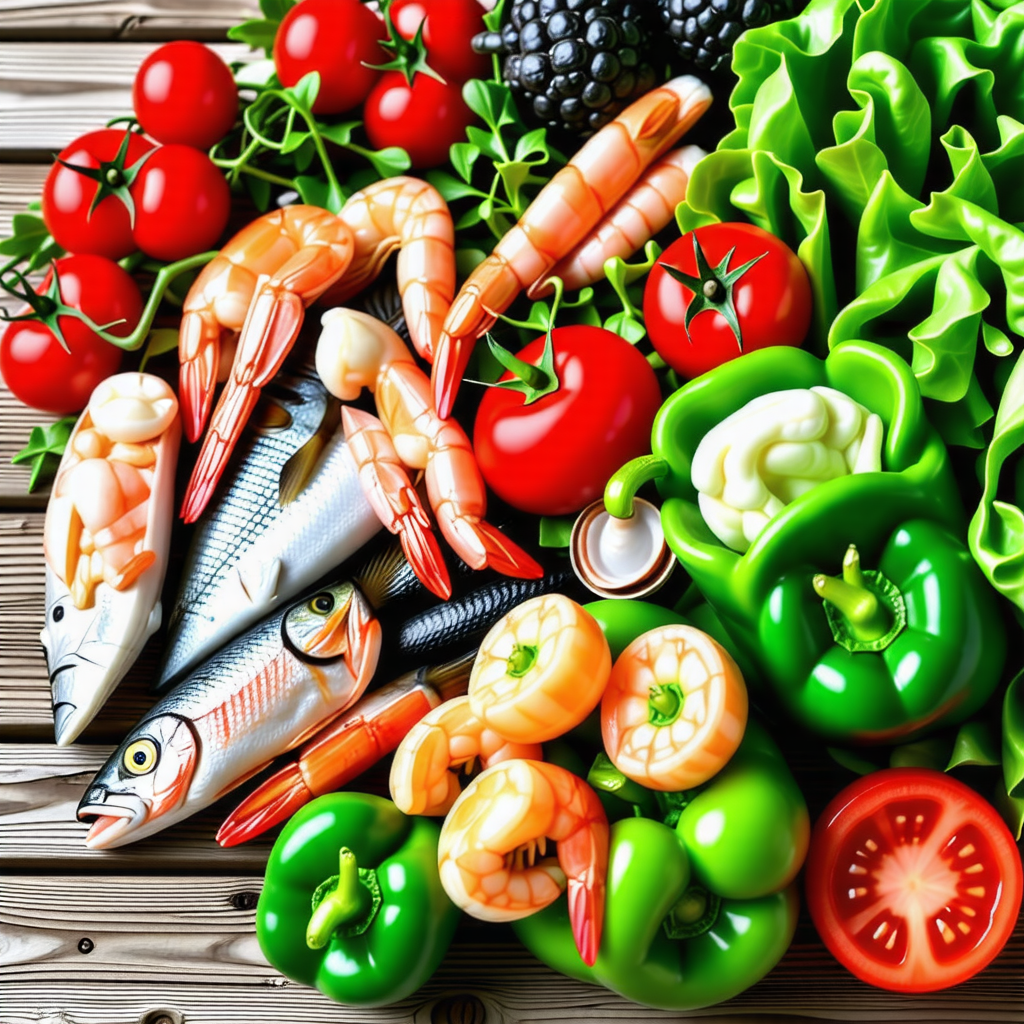 채소와 해산물이 같이 있는 사진