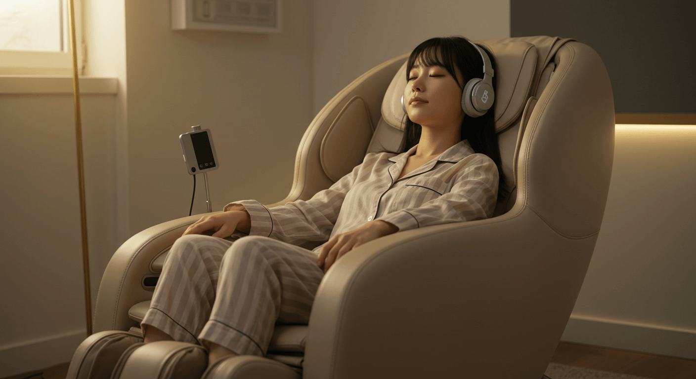 회색 안마의자에 앉아 음악을 들으며 편안히 휴식을 취하는 여성 3
