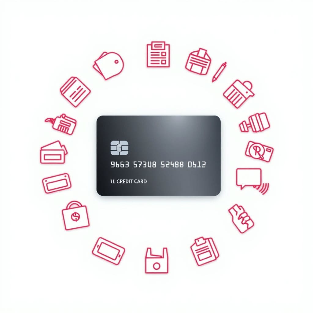 여러 가지 복잡한 문제(재고, 임대료, 인건비 등)를 상징하는 아이콘들이 카드 한 장으로 깔끔하게 정리되거나 사라지는 모습입니다. 카드의 해결사 역할을 부각하며, 깔끔하고 정돈된 느낌을 줍니다.