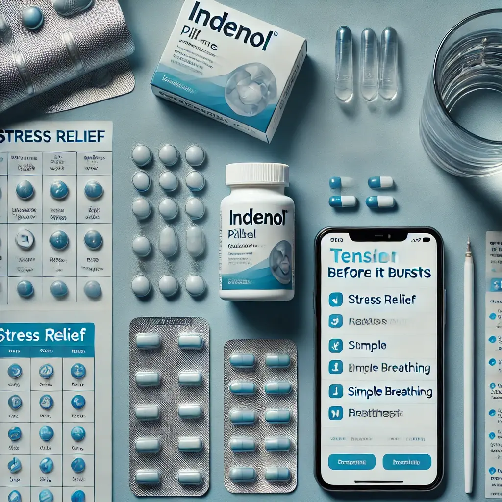 인데놀과 청심환, 물잔, 스트레스 완화 체크리스트, 호흡 앱이 평면으로 정리된 구성을 보여주는 이미지