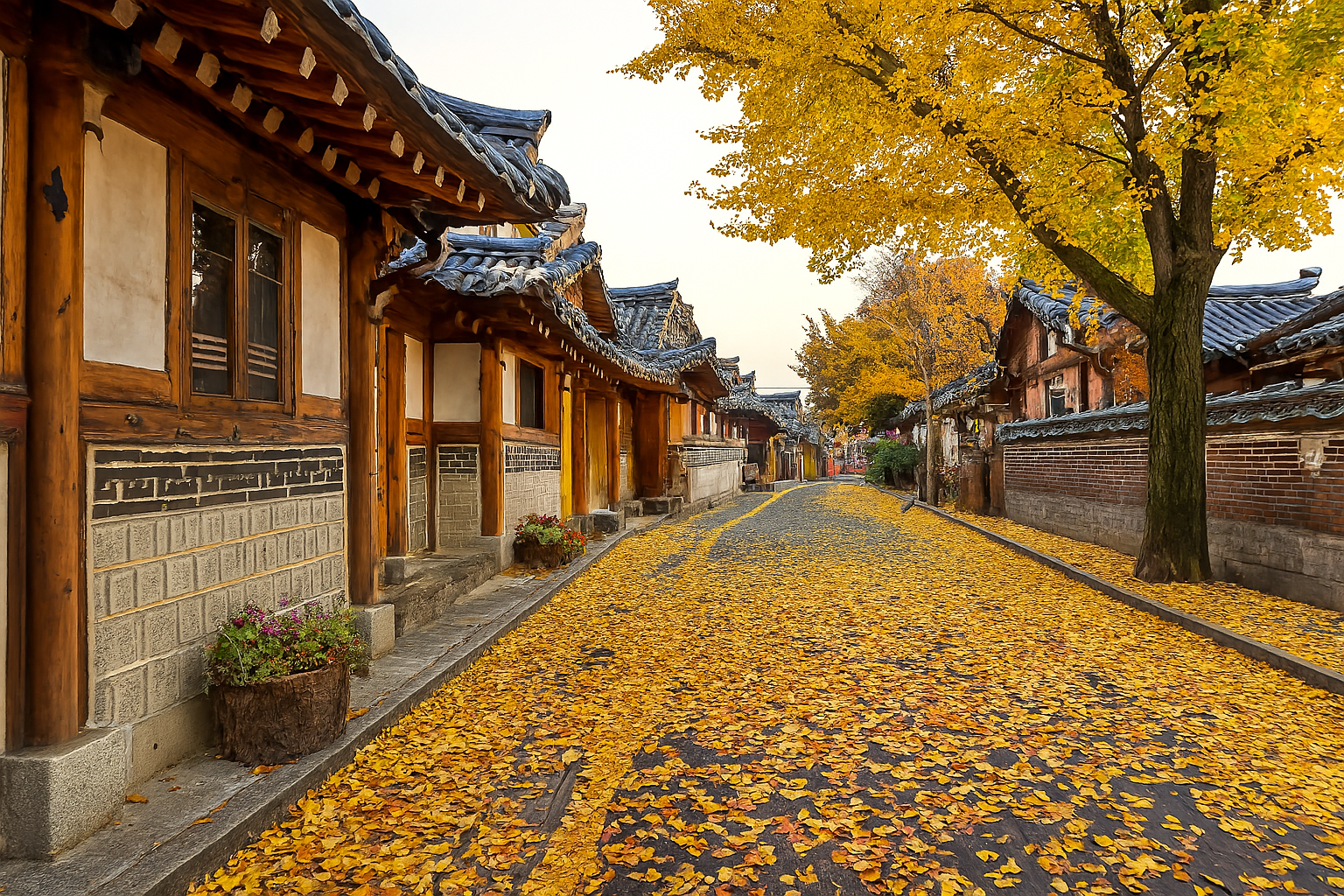 황리단길의 낙엽이 깔린 골목과 한옥 모습의 이미지