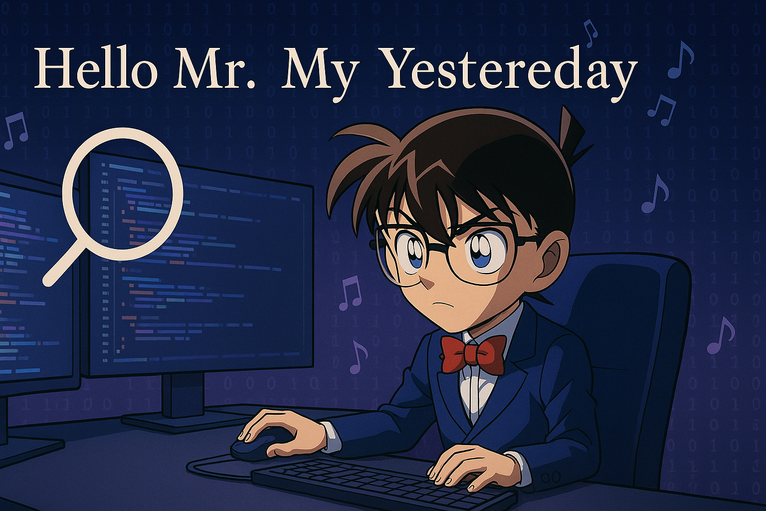 명탐정 코난 캐릭터가 개발자 책상에서 코딩하는 모습과 Hello Mr My Yesterday 제목이 있는 블로그 썸네일