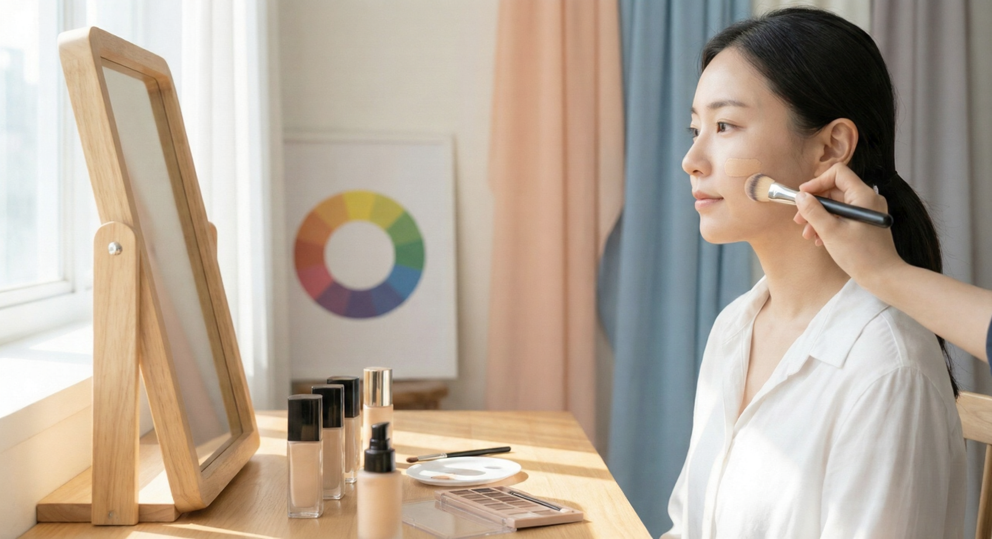밝은 스튜디오에서 메이크업 아티스트가 한국인 모델의 볼에 여러 톤의 파운데이션을 테스트하고, 거울 앞에는 파운데이션 병과 메이크업 팔레트가 가지런히 놓여 있다.