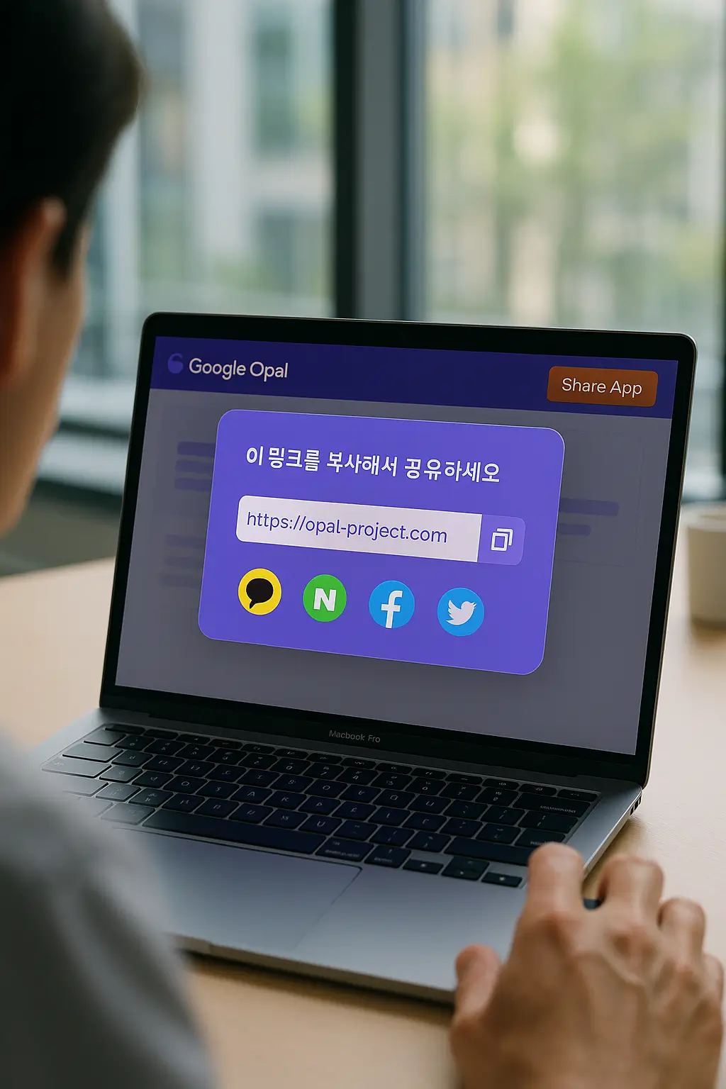 구글 오팔 앱 공유 화면 - URL 링크와 소셜 미디어 공유 기능