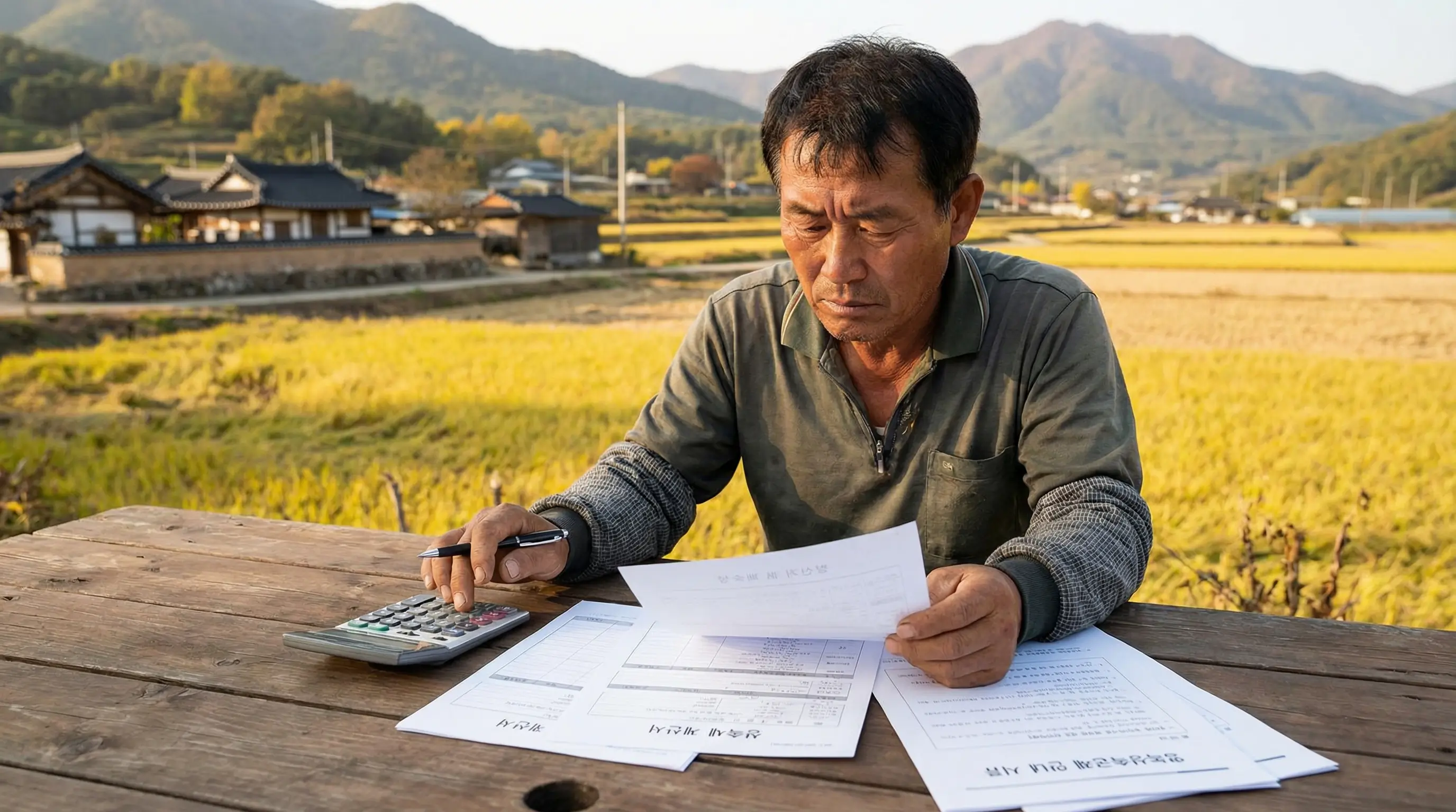 한국 시골 농지 풍경을 배경으로 중년 한국인 농부가 나무 테이블에서 상속세 계산서와 영농상속공제 안내 서류를 펼쳐놓고 진지하게 검토하는 모습