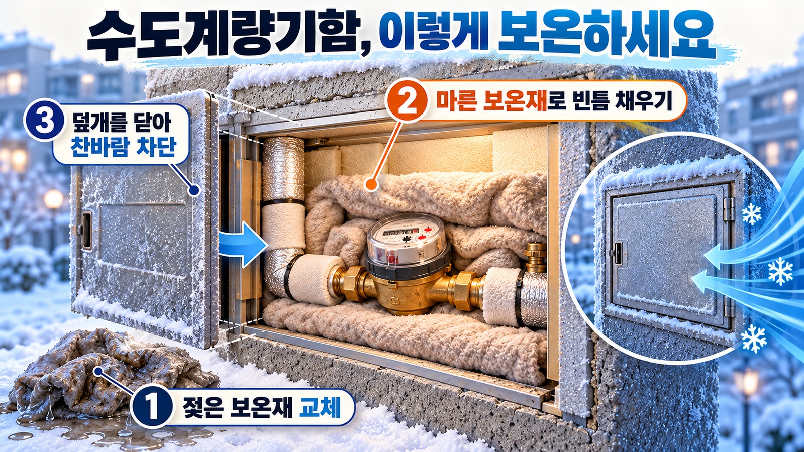 젖은 보온재 교체와 마른 보온재 채우기, 덮개 닫기를 설명하는 수도계량기함 보온 인포그래픽