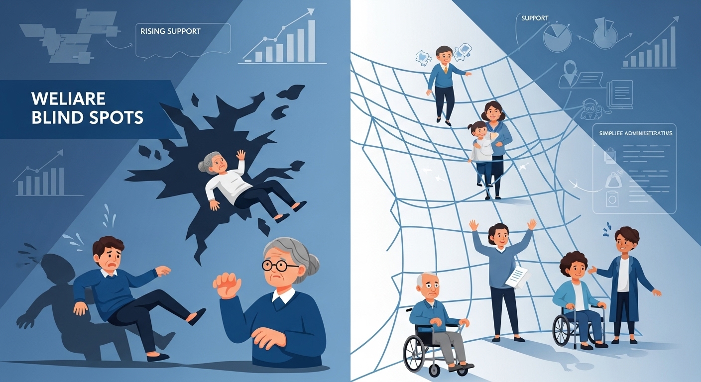 2026년 기초생활수급 개편을 상징하는 이미지. 어두운 배경에서 복지 사각지대에 놓인 사람들과, 밝고 튼튼한 복지망 위에서 희망을 찾는 다양한 계층의 사람들이 대조를 이루며 제도 개선의 중요성을 표현합니다.