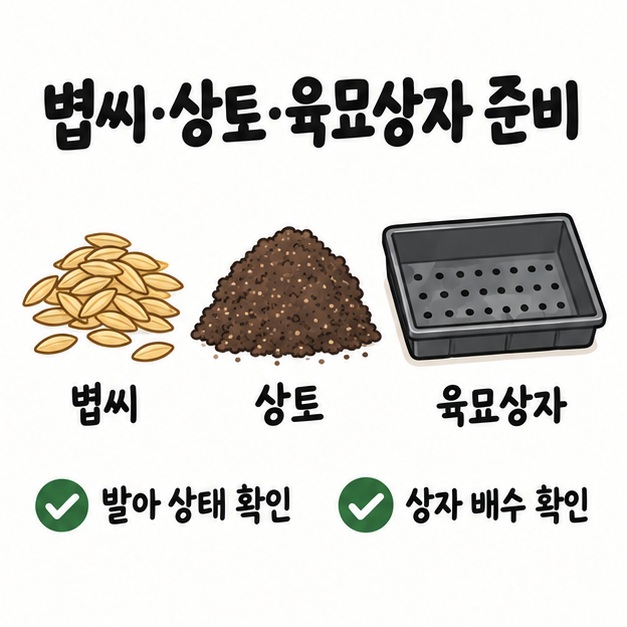 볍씨와 육묘상자, 상토를 준비하고 발아 상태를 확인하는 모습을 보여주는 준비 단계 카드