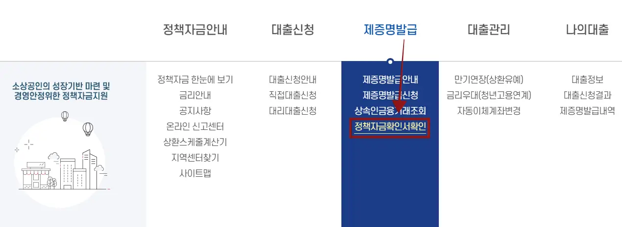 소상공인-
소상공인 정책지원 홈페이지 이미지
상단 검은글씨메뉴 정책자금안내 옆 대출신청 옆 파란글씨 제증명발급 옆 검은글씨 대출관리 옆 나의 대출
상단 메뉴 중 파란글씨 제증명발금에서 나온 빨간 화살표 끝 빨간 테두리네모 안 흰글씨 정책자금 확인서 확인