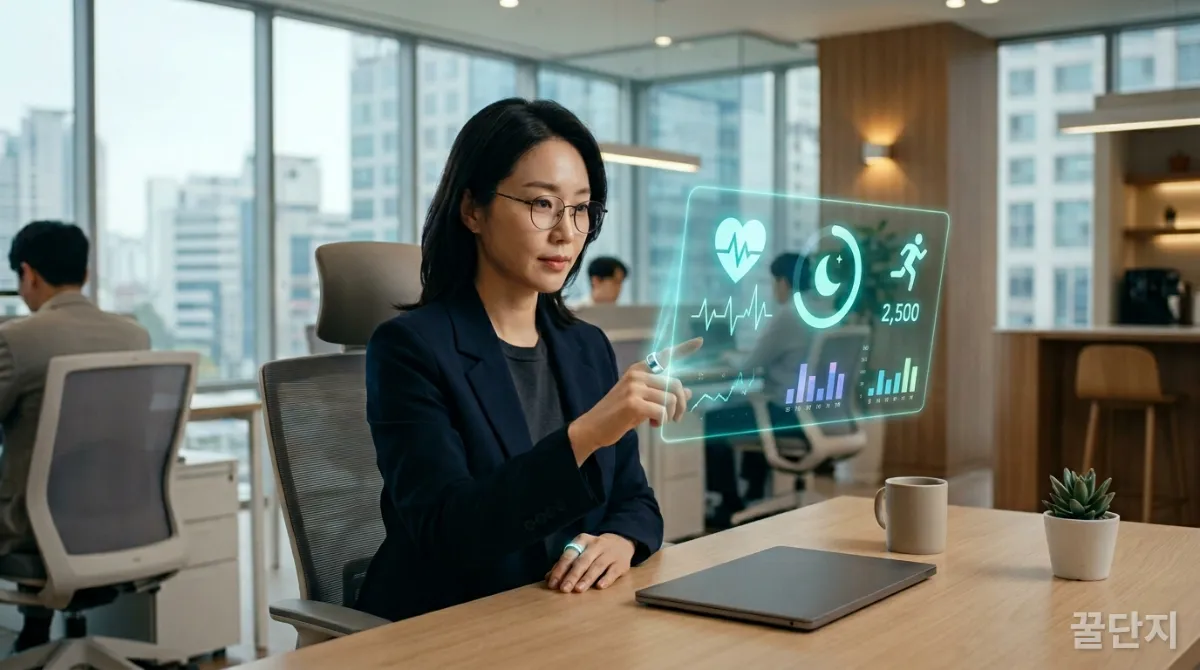 한국인 직장인이 스마트 링으로 건강 데이터를 확인하는 모습