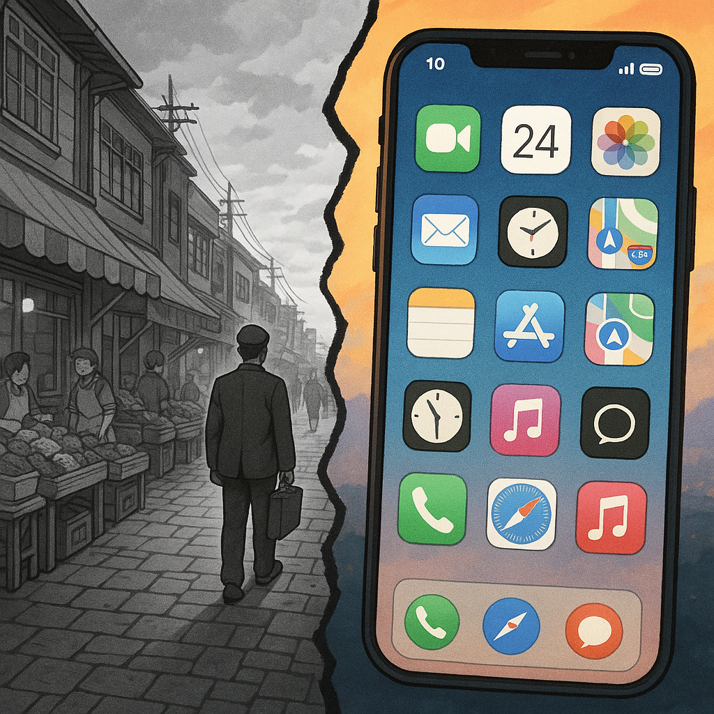 70년대 흑백 거리와 2020년대 스마트폰 화면이 반으로 나뉜 이미지