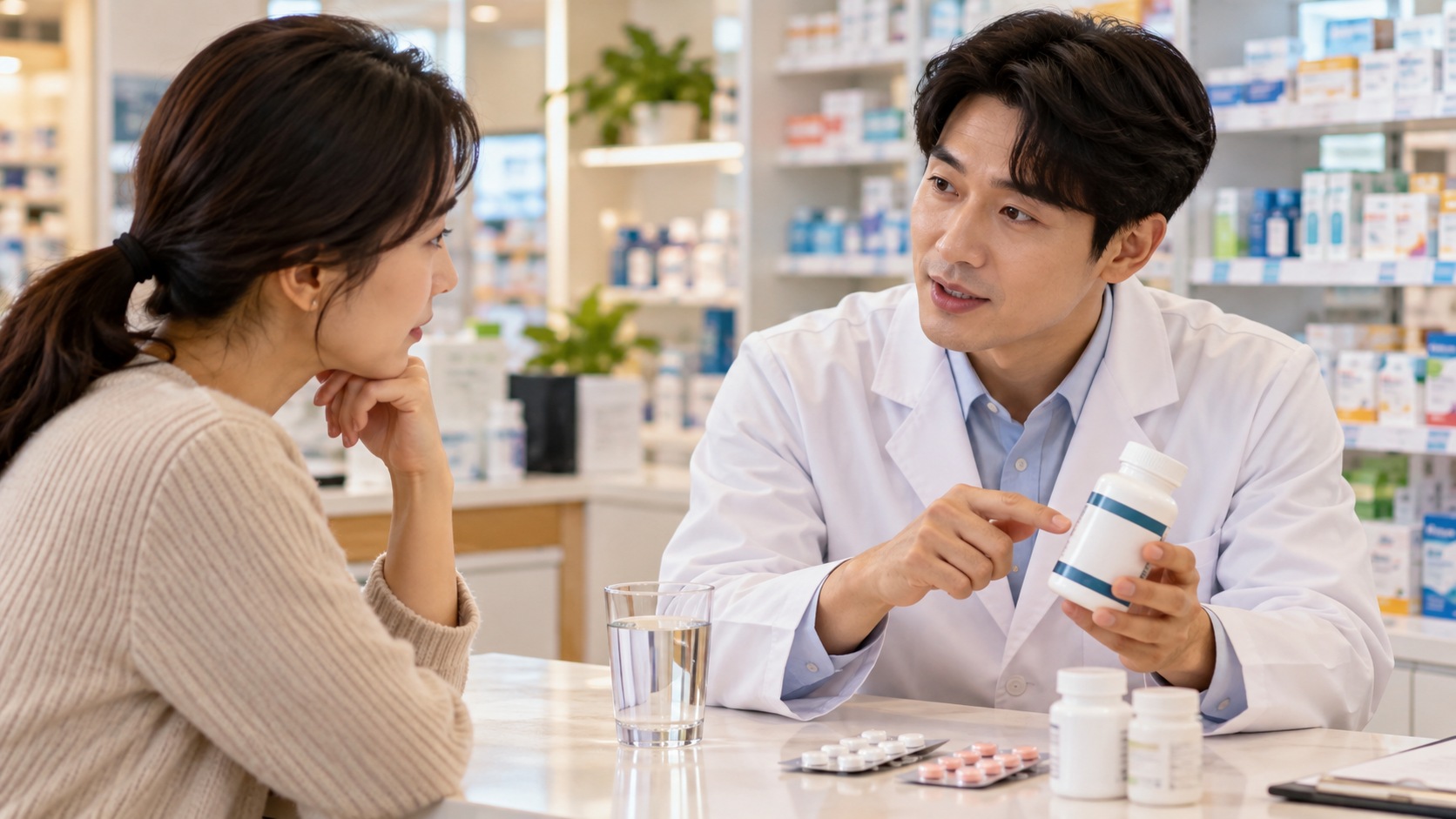약국에서 보충제와 복용 약을 상담하는 여성과 약사