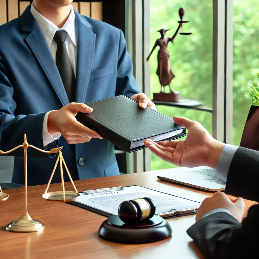법률 사무실에서 준비된 서류를 폴더에 담아 고객에게 전달하는 변호사의 모습