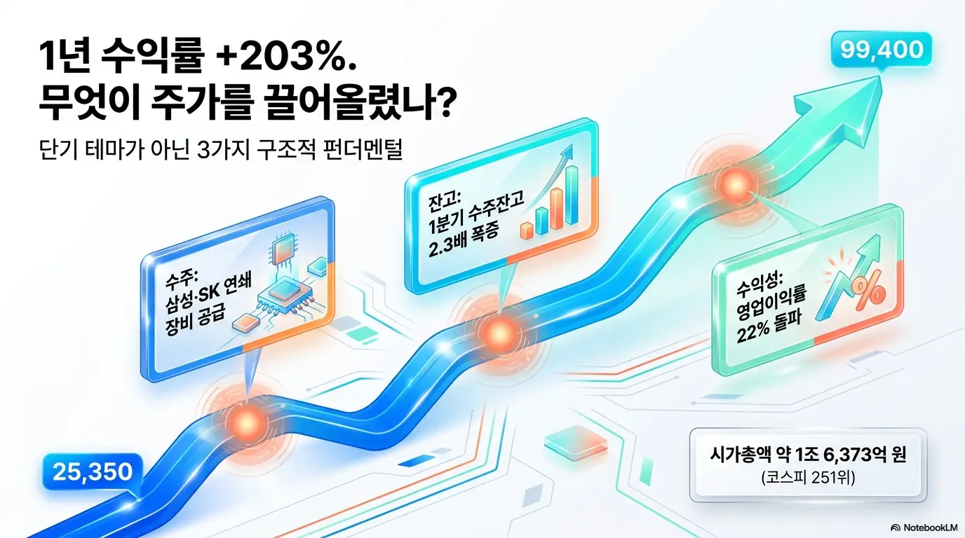 케이씨텍 주가가 지난 1년간 저점 25,350원에서 최고 99,400원까지 약 203퍼센트 오른 흐름과 그 배경을 보여주는 인포그래픽. 삼성·SK 연쇄 장비 공급, 수주잔고 2.3배 증가, 영업이익률 22퍼센트 돌파라는 세 가지 구조적 펀더멘털이 케이씨텍 주가 전망을 끌어올린 동력임을 시각적으로 설명함.
