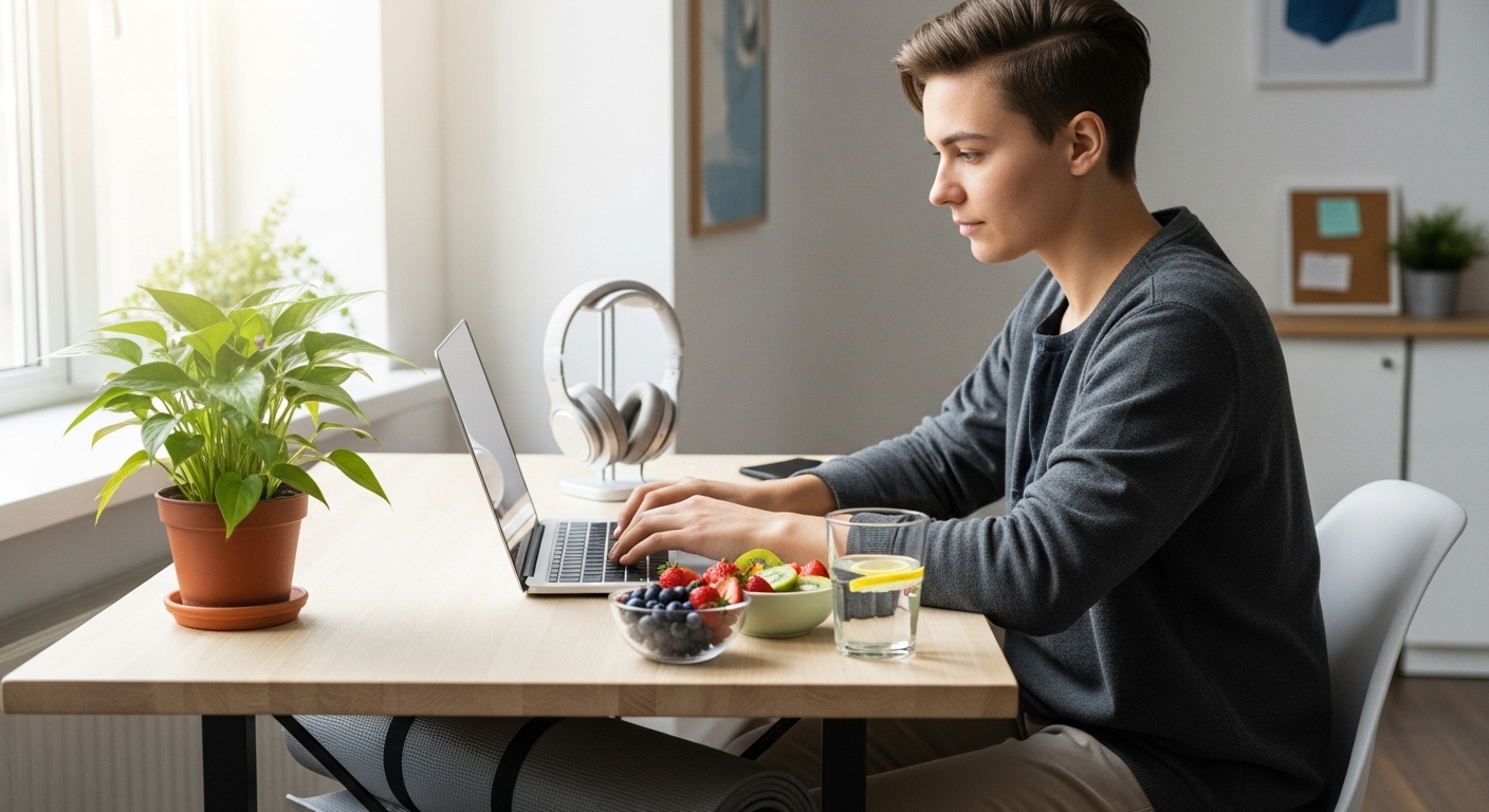 랩톱으로 일하면서도 주변에 요가 매트나 식물 등 개인적인 취미와 휴식을 두어 워라밸을 중요시하는 MZ세대의 모습