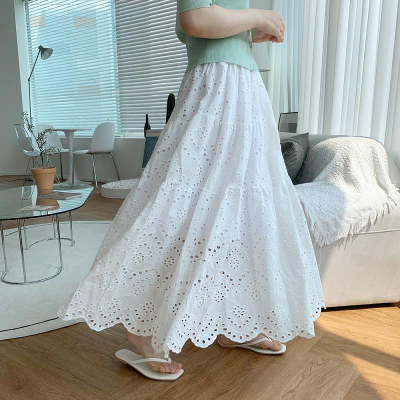 펀칭 플레어 스커트 봄 여름치마 캉캉 레이스 밴딩 롱스커트 화이트