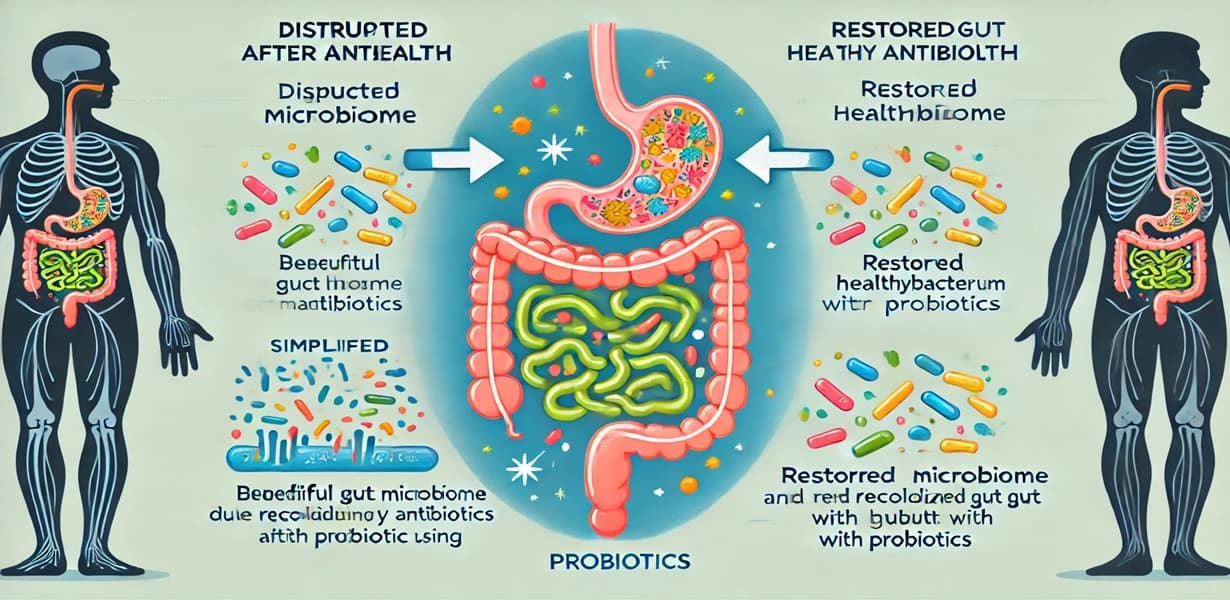 항생제 복용 후 프로바이오틱스로 장내 유익균 회복 과정 인포그래픽