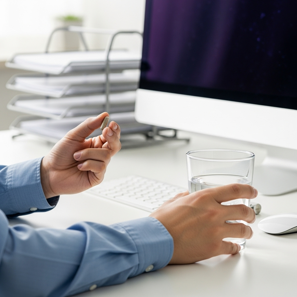 한 직장인이 점심 식사를 하러 가기 전, 자신의 사무실 책상에서 영양제 한 알을 물과 함께 섭취하는 모습