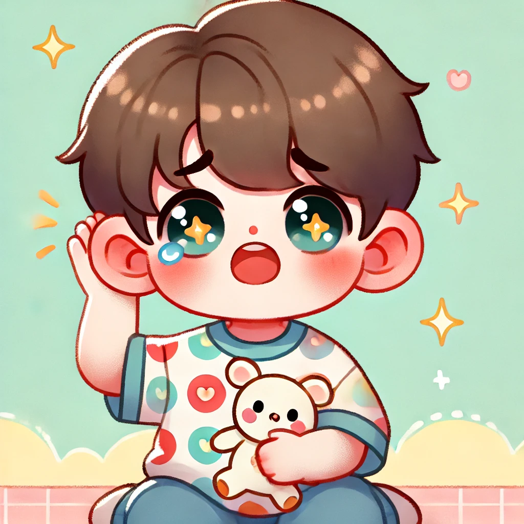 남자 아이가 귀가 아파서 눈물을 글썽이는 일러스트