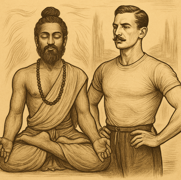 고대 인도 요가 수행자와 20세기 서양 체조 교관이 교차된 콜라주