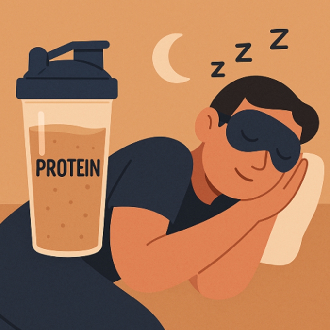 수면 마스크를 쓴 사람과 단백질 셰이크가 함께 있는 일러스트