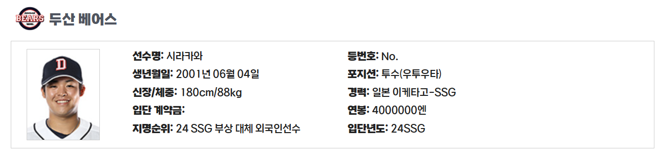 단기 임대 선수 였던 시라카와 선수 이미지