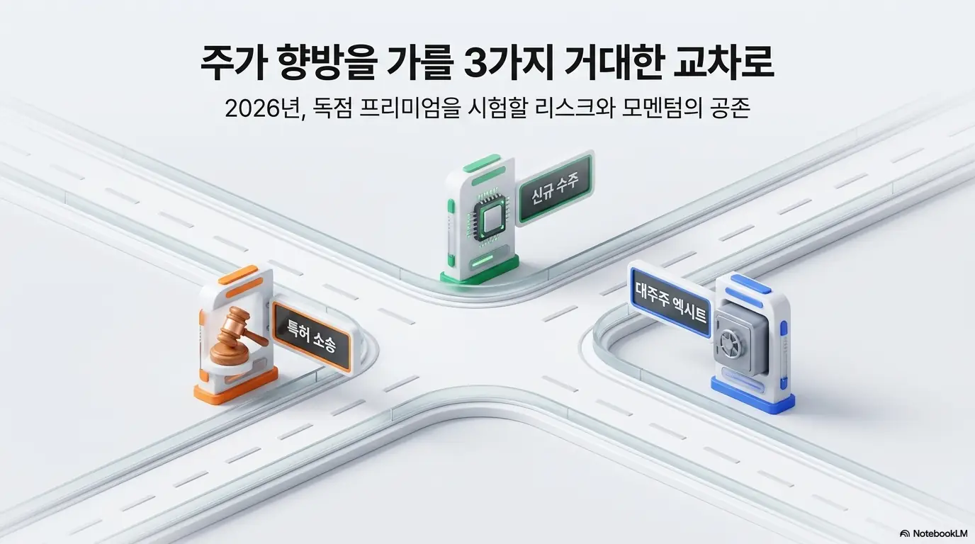 &amp;#39;HPSP 주가 향방을 가를 3가지 거대한 교차로&amp;#39;라는 문구가 포함된 이미지. 특허 소송&amp;#44; 신규 수주&amp;#44; 대주주 엑시트라는 세 가지 핵심 변수가 2026년 독점 프리미엄을 시험할 리스크와 모멘텀으로 공존함을 시각적으로 전달하며&amp;#44; 블로그의 HPSP 주가 변수 분석과 관련된 내용을 설명함