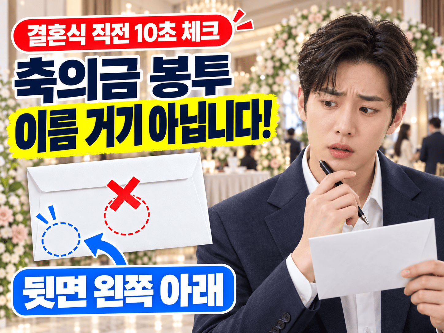 흰색 축의금 봉투 앞면에는 축 결혼 문구가 있고 뒷면 왼쪽 아래에는 이름이 적힌 모습