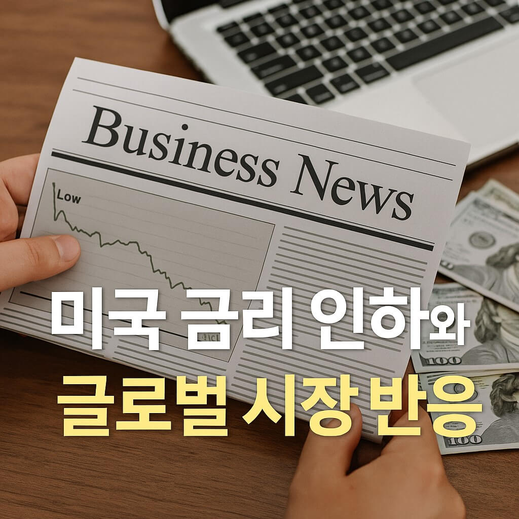 미국 금리 인하와 글로벌 시장 반응을 보여주는 뉴스 콘셉트 사진