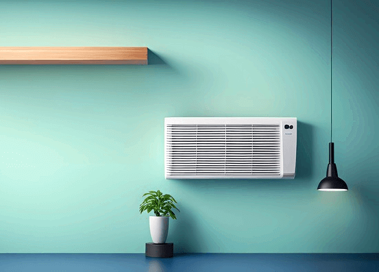 청록색 벽에 하얀 벽걸이형 에어컨이 매달렸다. 네모난 에어컨이다.