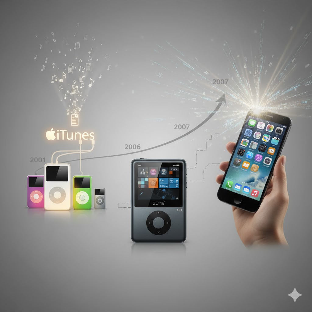 회색 배경에 휴대용 미디어 플레이어 시장의 변화를 보여주는 이미지. 왼쪽에는 2001년부터 2007년까지 출시된 다양한 색상의 애플 아이팟 모델들이 나란히 놓여 있고, 그 위에는 iTunes 로고에서 음표와 데이터가 쏟아져 나오는 빛나는 효과가 있다. 중앙에는 2006년에 출시된 마이크로소프트 Zune HD 모델이 아이팟보다 크고 각진 형태로 자리 잡고 있다. 오른쪽에는 2007년에 출시된 아이폰을 한 손이 들고 있으며, 아이폰에서 밝은 빛이 폭발적으로 퍼져나가고 있다. 아이팟과 Zune 뒤로는 시간이 지남에 따라 시장의 성장을 나타내는 곡선 그래프가 2001년, 2006년, 2007년 등의 연도와 함께 표시되어 있다.
