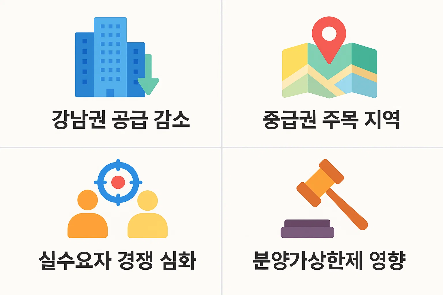강남권 공급 감소, 중급권 주목 지역, 실수요자 경쟁 심화, 분양가상한제 영향 등 서울 분양 트렌드 핵심 요인을 시각화한 인포그래픽.