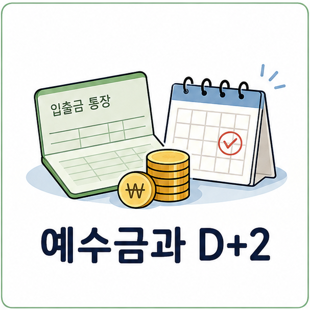 예수금과 결제일 대표 이미지, 통장과 동전, 달력을 결합한 일러스트