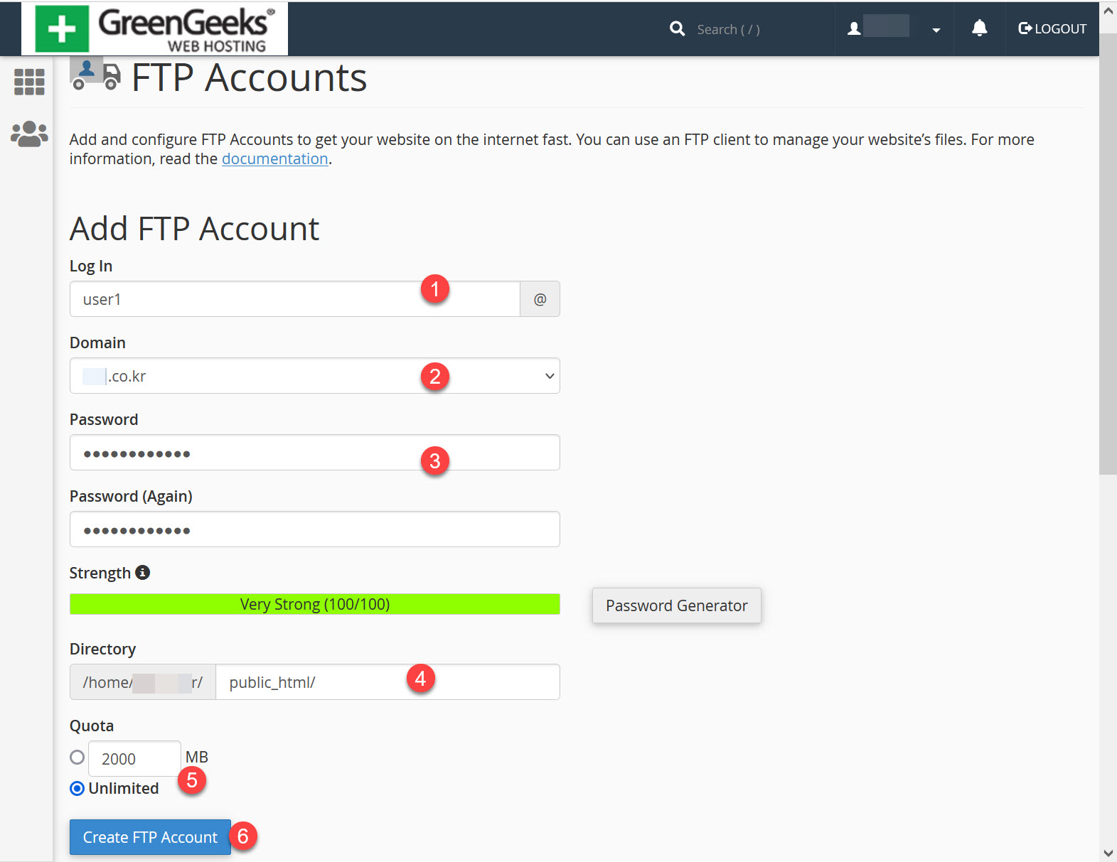 해외호스팅 GreenGeeks에서 FTP 계정 생성 화면
