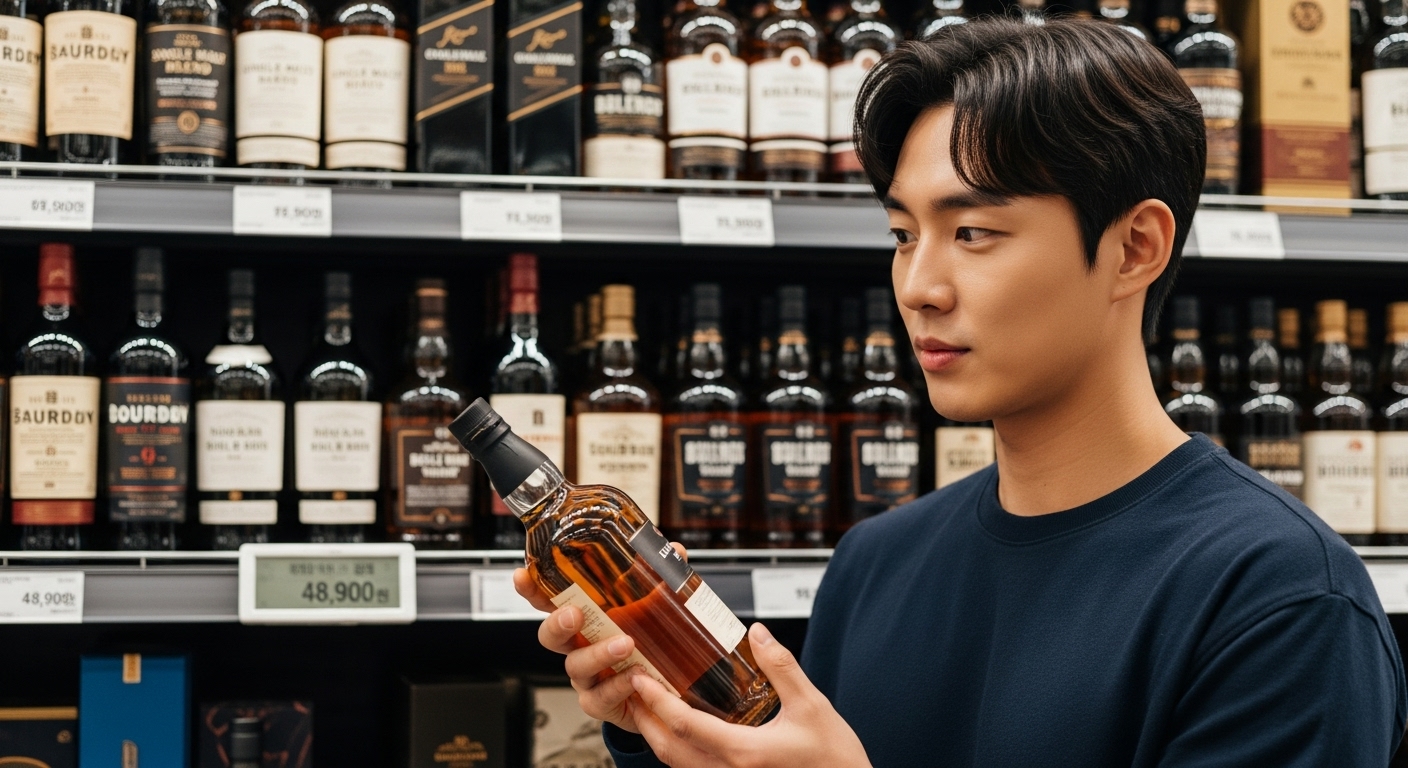 마트에서 입문용 위스키를 고르는 남성