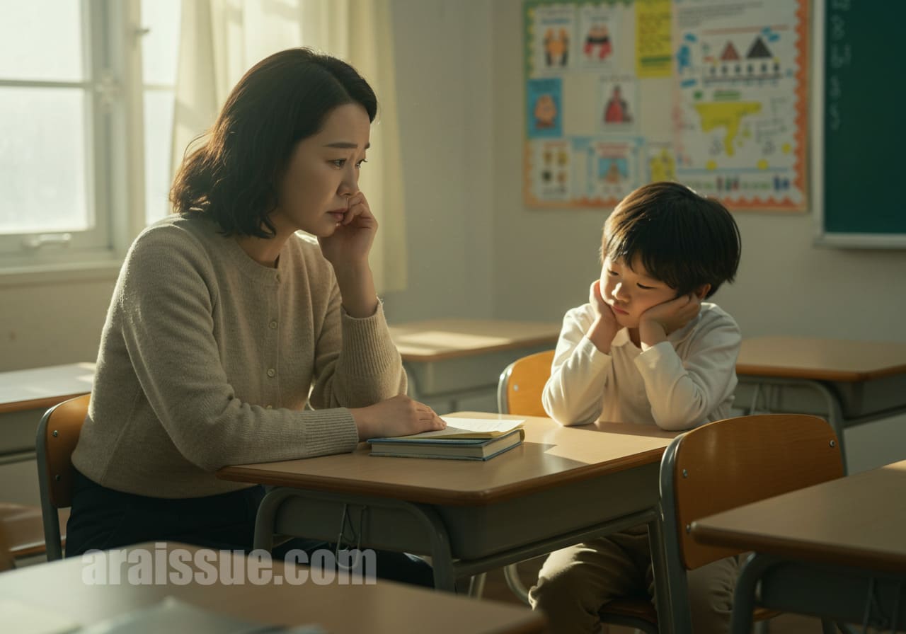 교실에서 혼자 앉는 아이를 걱정하는 엄마 모습