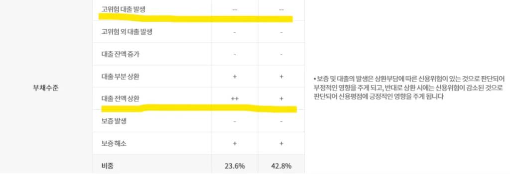 NICE의 부채수준의 신용점수 영향도 세부내용