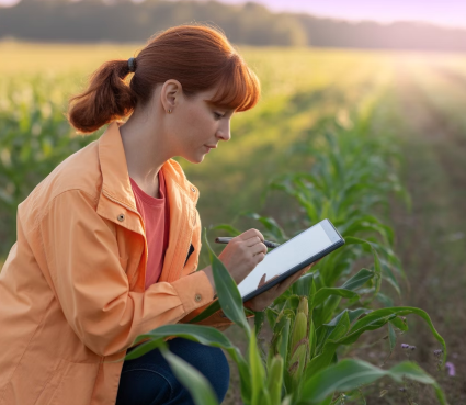 2026년 손해평가사 자격증 준비 - 농작물 피해 평가 전문가가 현장에서 태블릿으로 재해보험 손해평가 업무를 수행하는 모습
